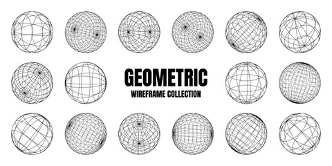 Wireframe shapes, lined sphere. Perspective mesh, 3d grid. Low poly geometric elements. Retro futuristic design elements, y2k, vaporwave and synthwave style. Vector illustration