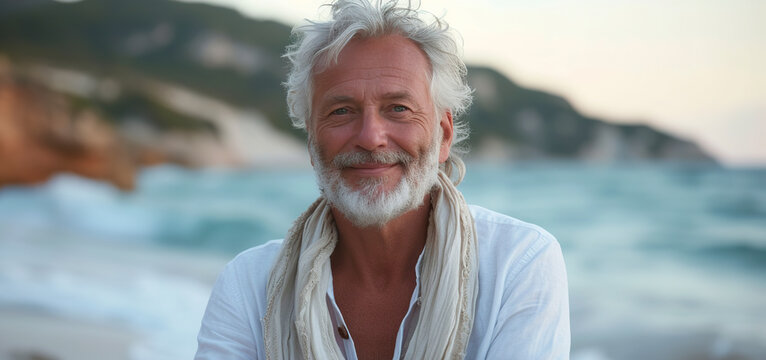 Illustration of a mature man of approximately 50 years looking at the ocean. Sensual man sitting on the beach wearing a white bohemian outfit with white hair and small wrinkles.
