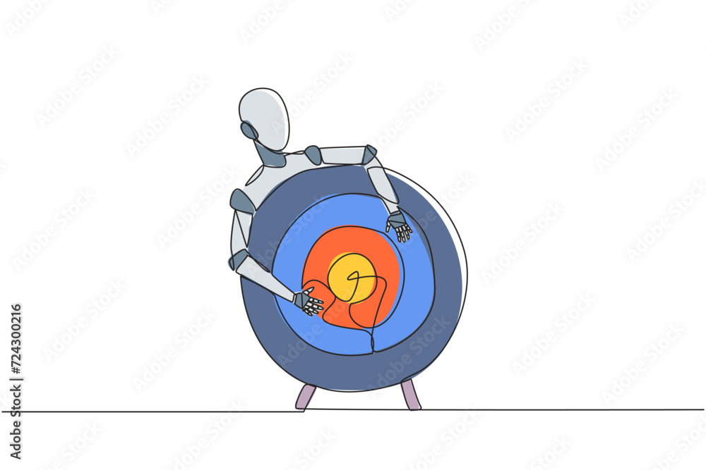 Poster single one line drawing robot hugging arrow board target. sharpen the robot's artificial intelligenc