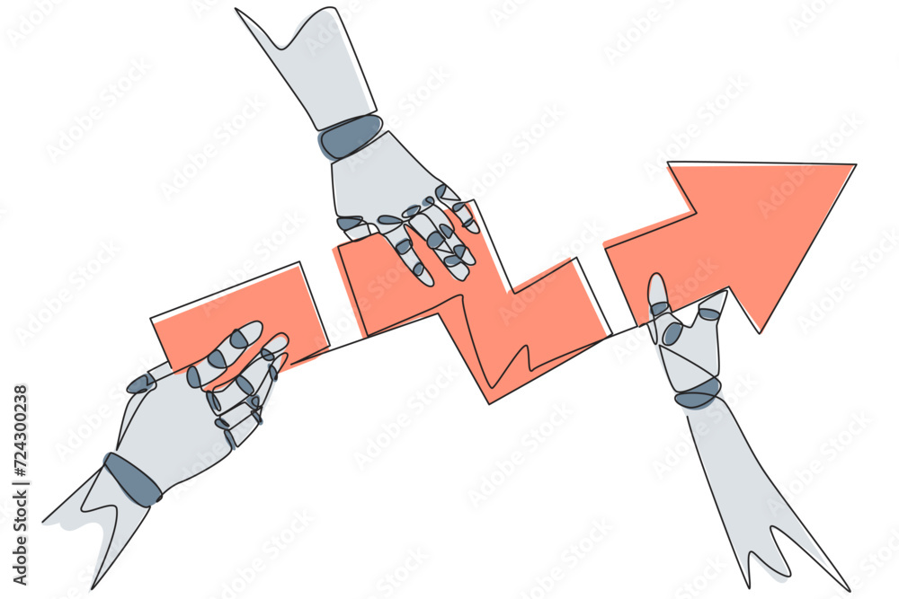 Aufkleber single one line drawing three robotic hands each holding a directional arrowhead. do teamwork so tha