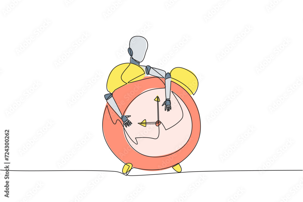 Poster continuous one line drawing robotic hugging alarm clock. configuring alarm clock technology to robot
