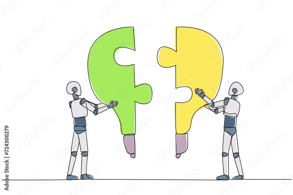 Poster single one line drawing two robots holding up two lightbulb-shaped puzzle pieces. metaphors elevate 