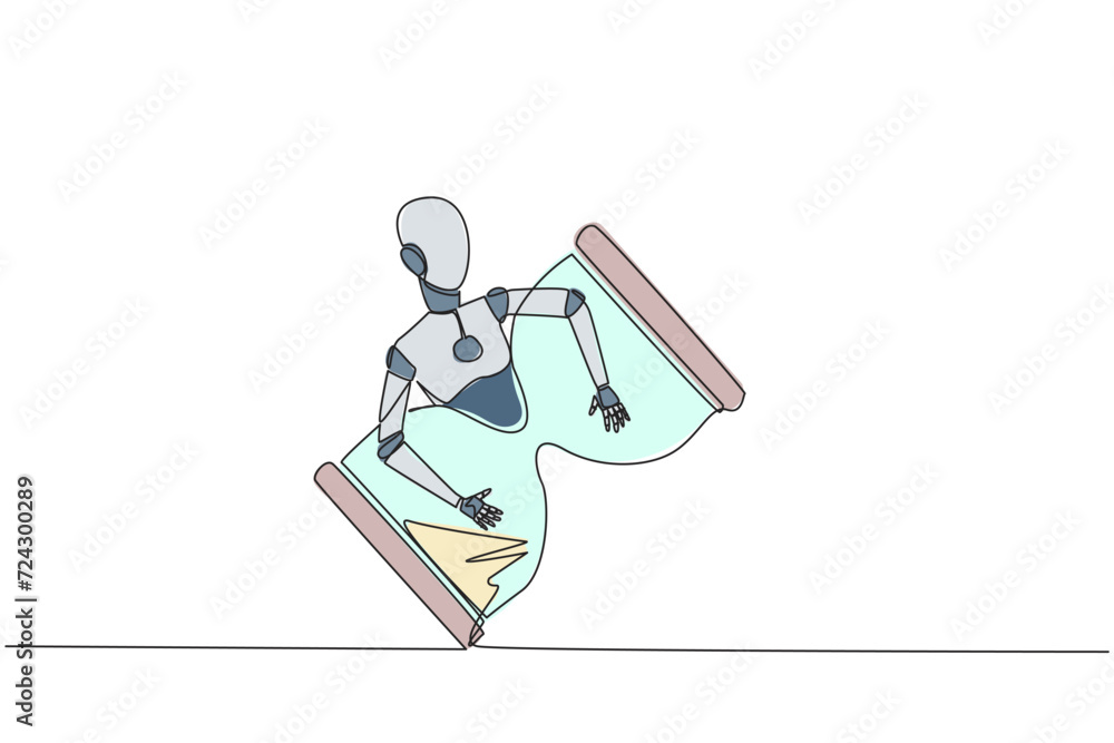 Poster single continuous line drawing robot hugging hourglass. the creation of robots in business world is 