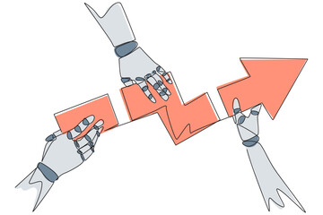 Single one line drawing three robotic hands each holding a directional arrowhead. Do teamwork so that the pieces become whole. Artificial intelligence. Continuous line design graphic illustration