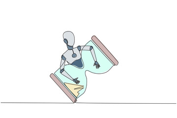 Single continuous line drawing robot hugging hourglass. The creation of robots in business world is entering a deadline phase. Artificial intelligence. Future tech. One line design vector illustration