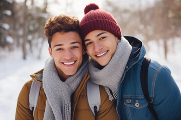 young gay couple in the snow for winter sport smiling coat hat scarves mountain beautiful happy bond complicity hugging love happiness lgbt relationship diversity teens twenties, portrait