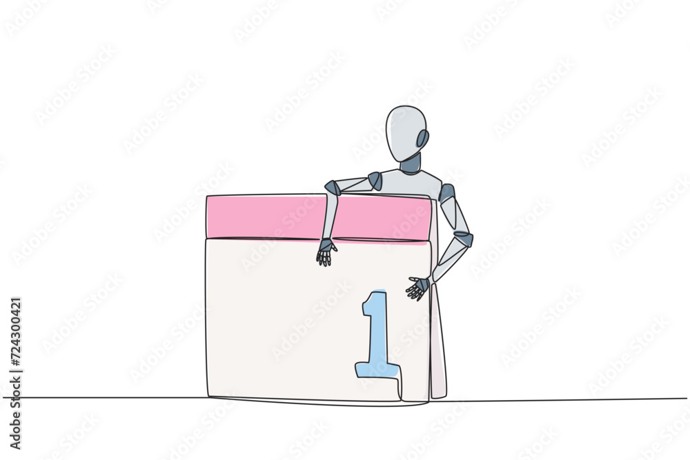 Poster continuous one line drawing robot hugging desk calendar. the launch date of the latest technology ro