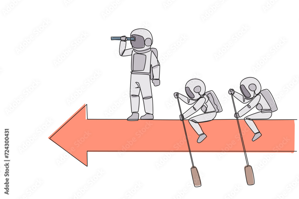Poster single continuous line drawing 3 astronauts ride arrows. teamwork with two of them rowing, the rest 