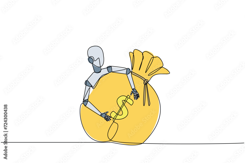 Aufkleber single one line drawing robot hugging money bag. the smarter the robot, the more money it gets. futu