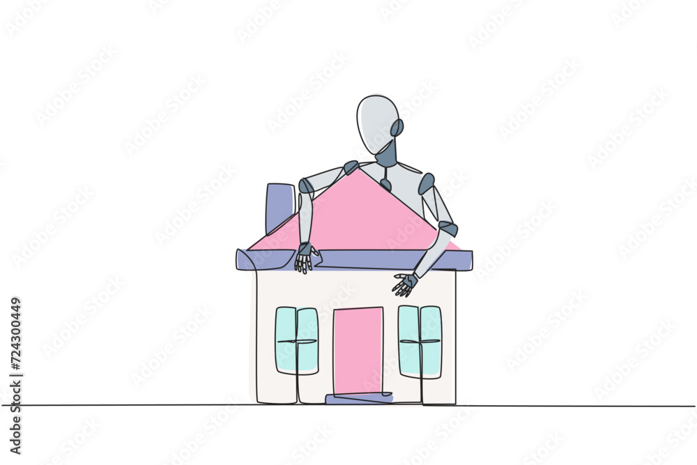 Poster single continuous line drawing robot hugging miniature house. his artificial intelligence is able to