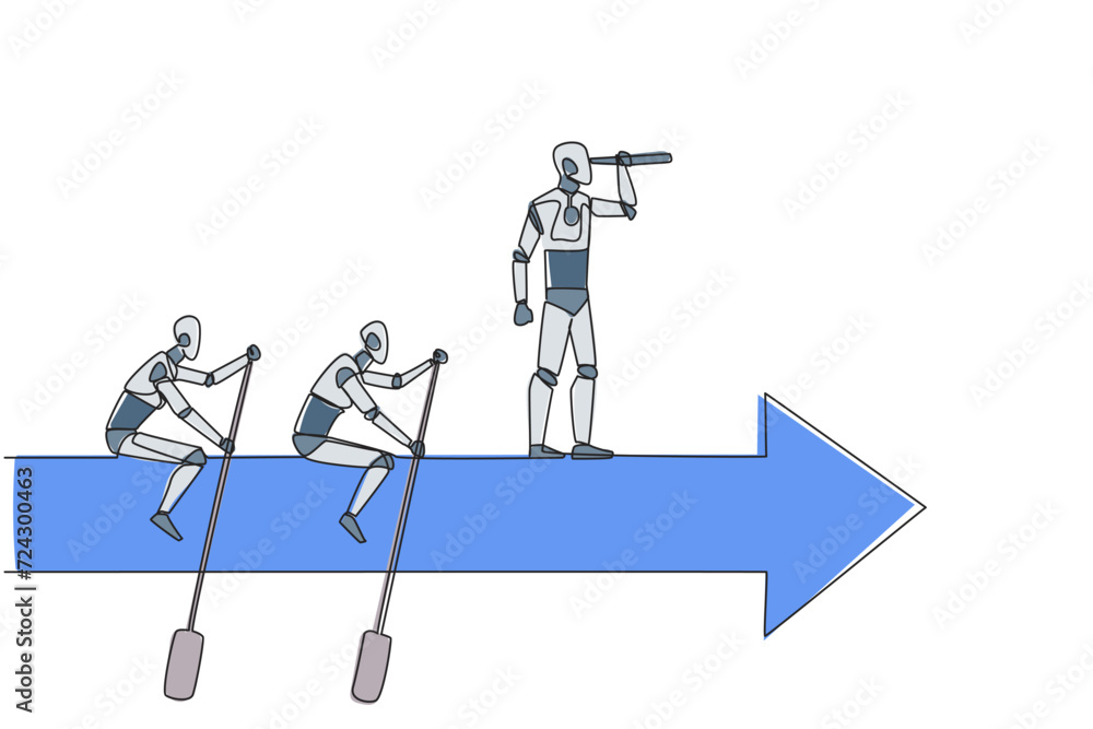 Poster continuous one line drawing three robots ride arrows. teamwork with two of them rowing, the rest sta