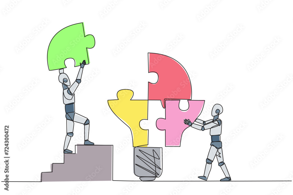 Poster continuous one line drawing two robots put together four lightbulb-shaped puzzle pieces. teamwork br
