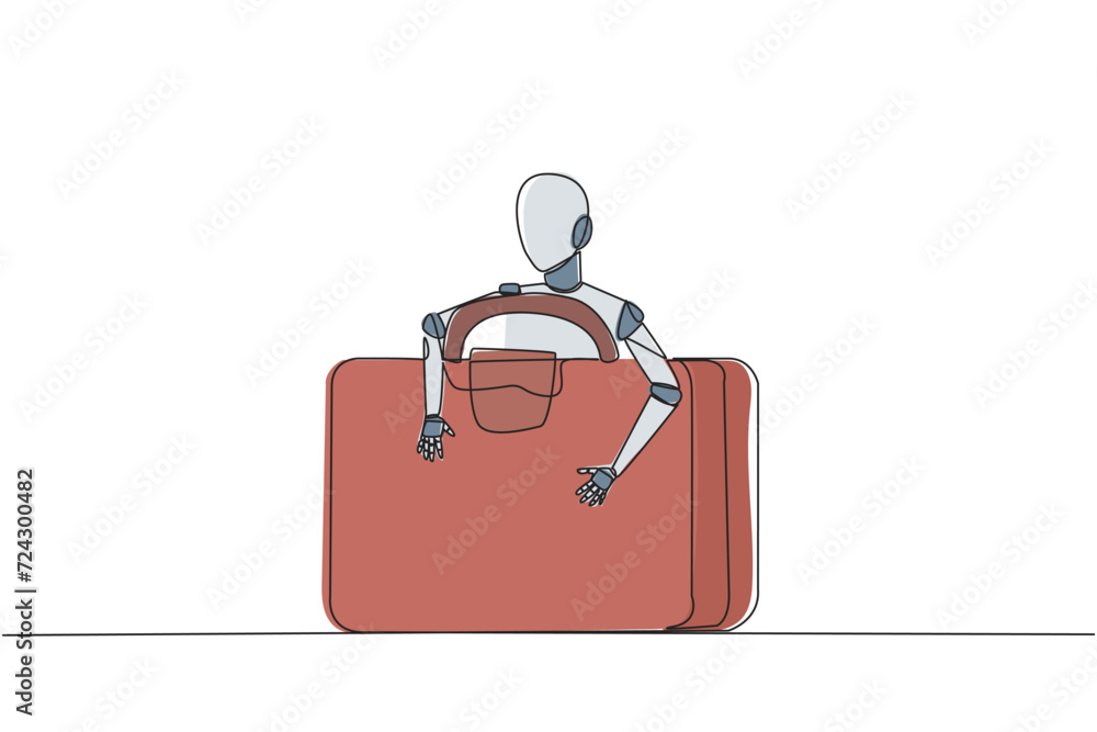 Poster single continuous line drawing robotic hugging briefcase. electronic bag. can only be opened if it i
