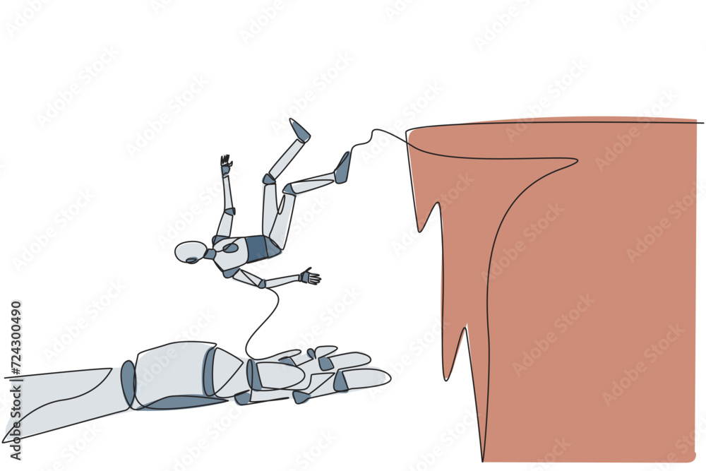 Poster single continuous line drawing robot fell off cliff but was held up by big hand. teamwork to step up