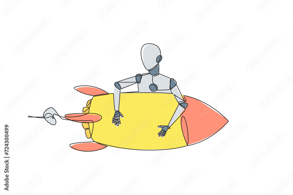 Poster single one line drawing robot hugging flying rocket. his ability is set up to be able to catch a fly