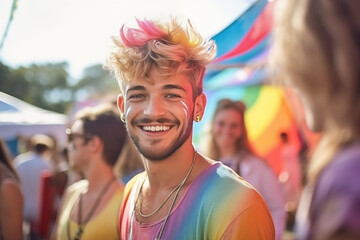 young smiling guy at a summer music festival, dyed hair glitter dust bearded concert happy rock party colorful beautiful joyful sun rainbow crowd youth outdoors enjoying entertainement fun