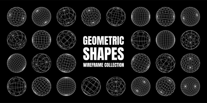 Wireframe shapes, lined sphere. Perspective mesh, 3d grid. Low poly geometric elements. Retro futuristic design elements, y2k, vaporwave and synthwave style. Vector illustration