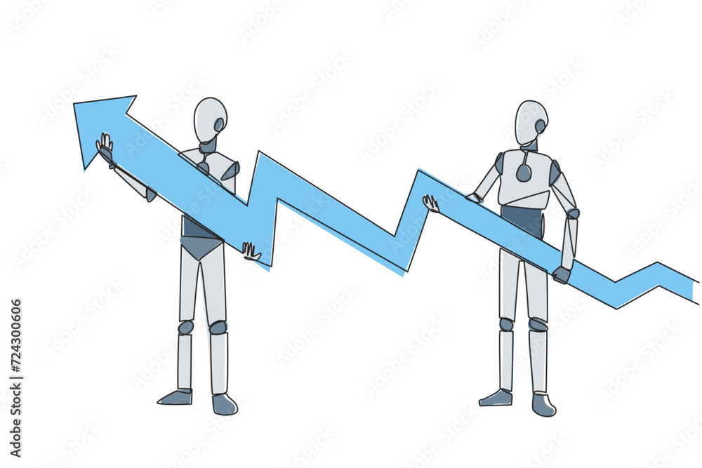 Poster single continuous line drawing two robots holding a medium-sized arrow graphic whose ends have incre