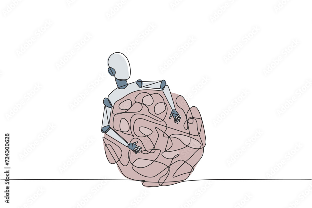 Poster single one line drawing robot hugging tangled circle. it's a long process that makes anxiety to succ
