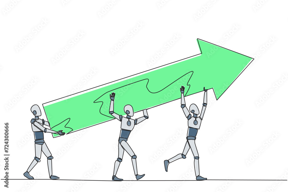 Poster continuous one line drawing three robots raised the big arrow together. with great teamwork making g