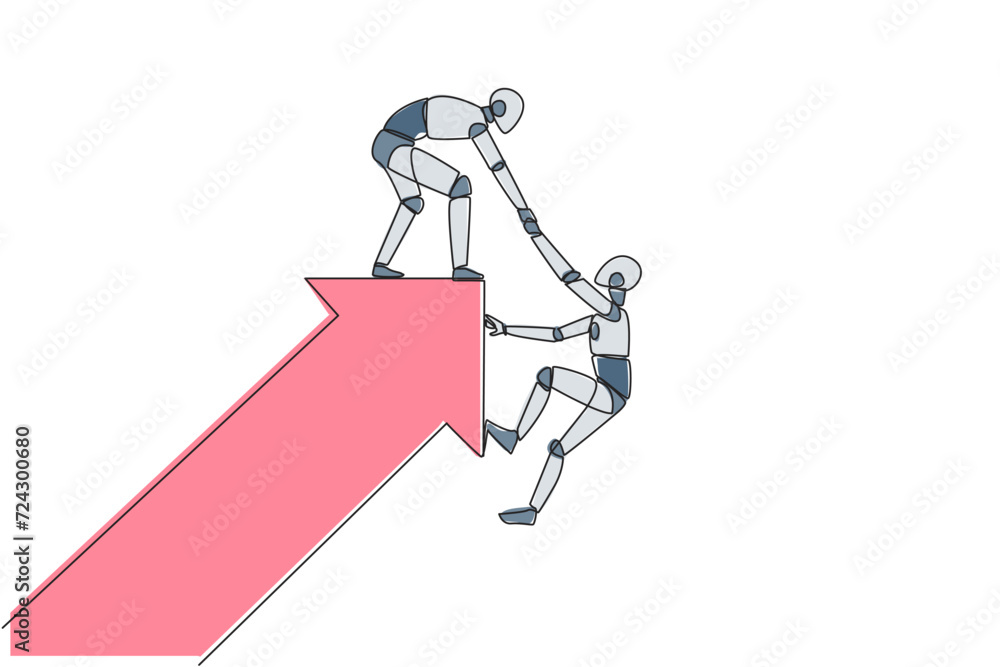 Poster single continuous line drawing a robot pulled the arm of another robot that almost fell from the big