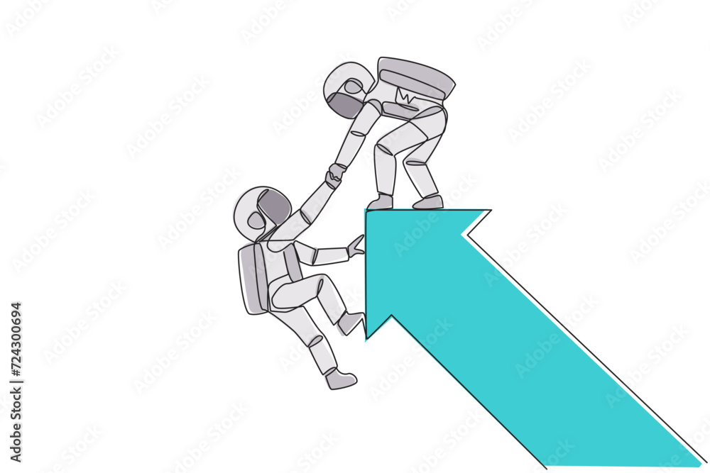 Poster single one line drawing astronaut pulled the arm of another astronaut that almost fell from the big 