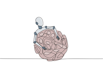 Single one line drawing robot hugging tangled circle. It's a long process that makes anxiety to succeed of making the perfect robot. Future technology. Continuous line design graphic illustration - obrazy, fototapety, plakaty