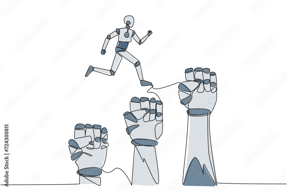 Poster continuous one line drawing robotic running leaping over three large clenched fists. teamwork manage