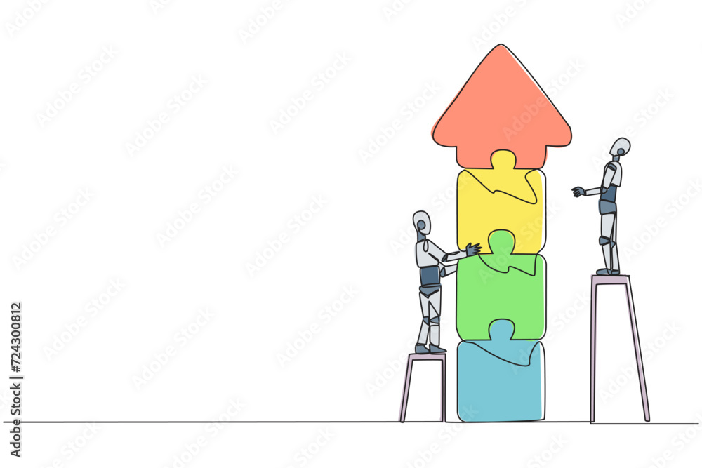 Poster single continuous line drawing two robots doing teamwork together. climbing the stairs, the two put 