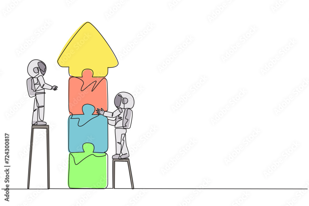 Poster continuous one line drawing two robots doing teamwork together. climbing the stairs, the two put tog