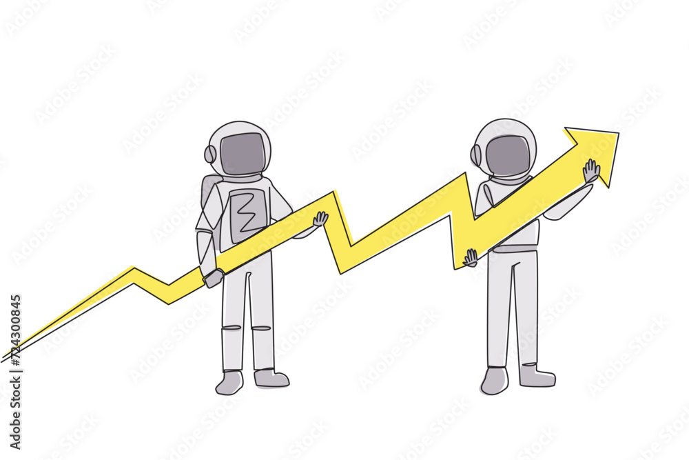 Poster single one line drawing two astronauts holding a medium-sized arrow graphic whose ends have increase
