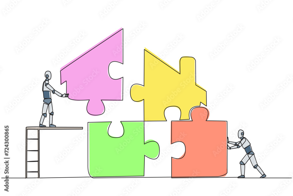 Poster single continuous line drawing two robots put together a square puzzle in the shape of a house. team