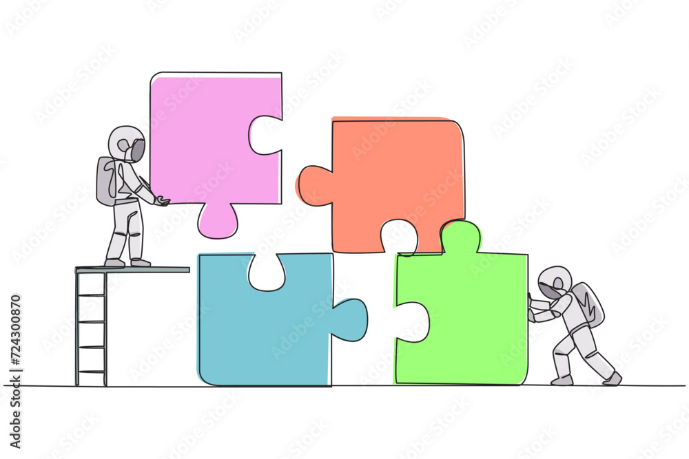 Aufkleber continuous one line drawing two astronauts teamwork to put together a square puzzle, one of them cli