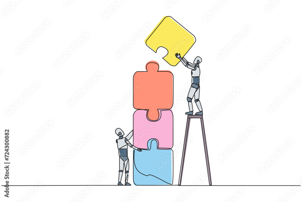 Poster continuous one line drawing two robots putting together a puzzle. one of the two climbs up the ladde
