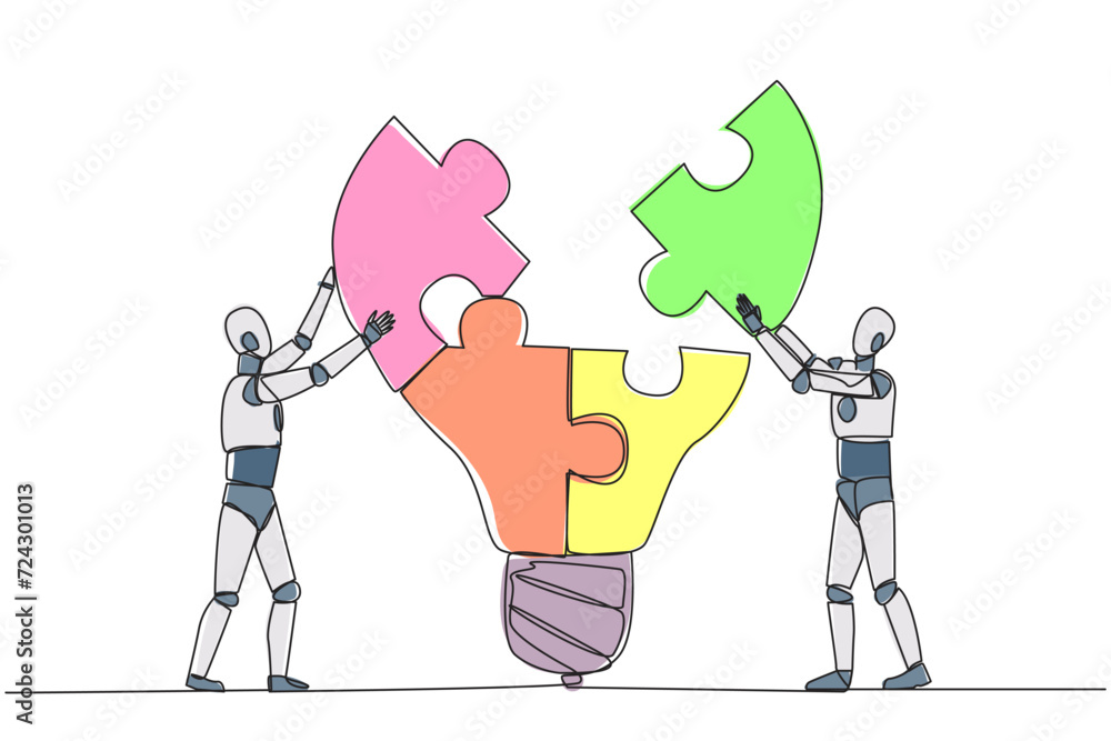 Poster single continuous line drawing two robots work in teams to complete a lightbulb-top puzzle. working 