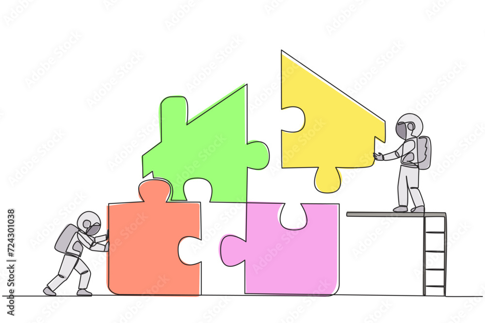 Poster continuous one line drawing two astronauts put together square puzzle in the shape of house. teamwor
