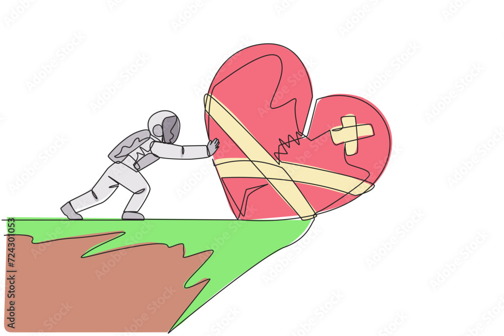 Poster single continuous line drawing astronaut pushing broken heart from the edge of the abyss. regardless