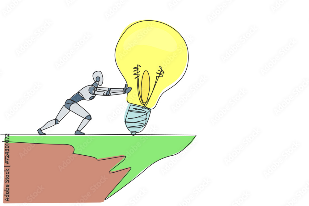 Poster single one line drawing robot pushes down giant lightbulb from the edge of a cliff. throw away brill