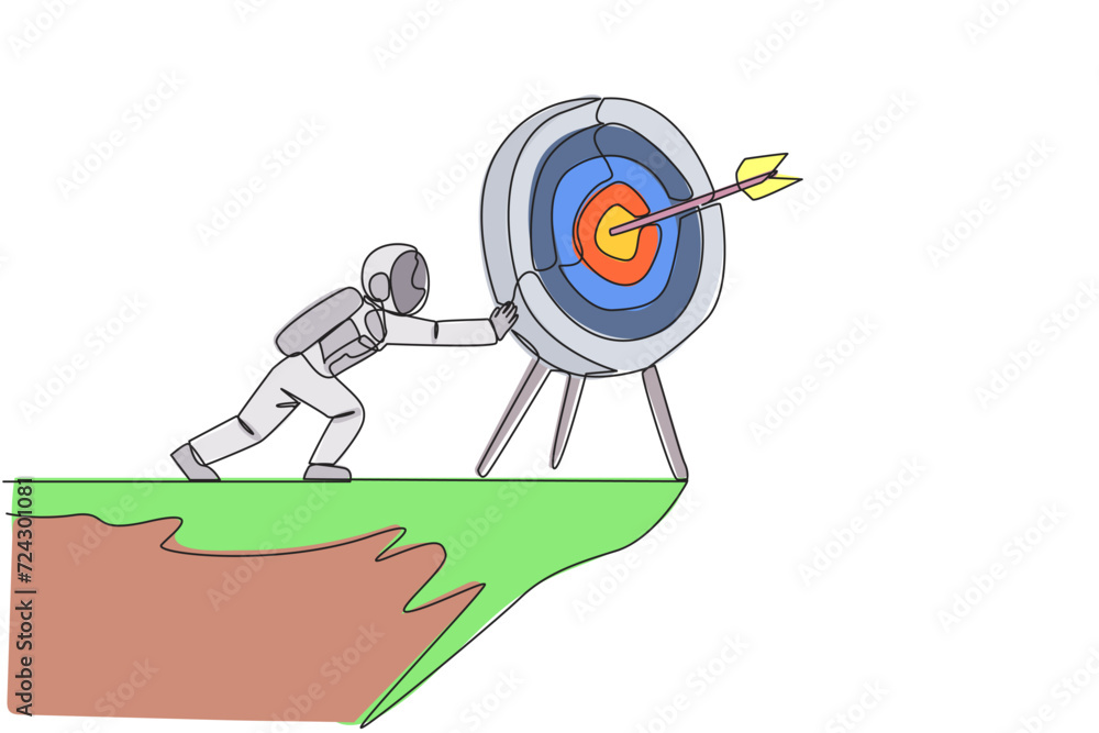 Poster continuous one line drawing astronaut pushes giant arrow board target over the edge of a cliff. dist