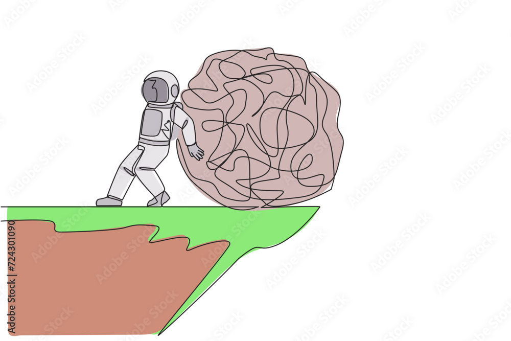 Poster continuous one line drawing astronaut pushed giant tangled circle down with his back from the edge o
