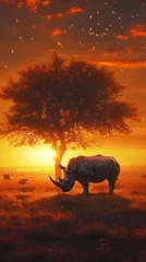 Wandcirkels tuinposter Silhouette of large acacia tree in the savanna plains with rhino (White Rhinoceros). African sunset. Wild nature, Kenya panoramic view. Black history month concept. World rhino day. Animal protection © ratatosk