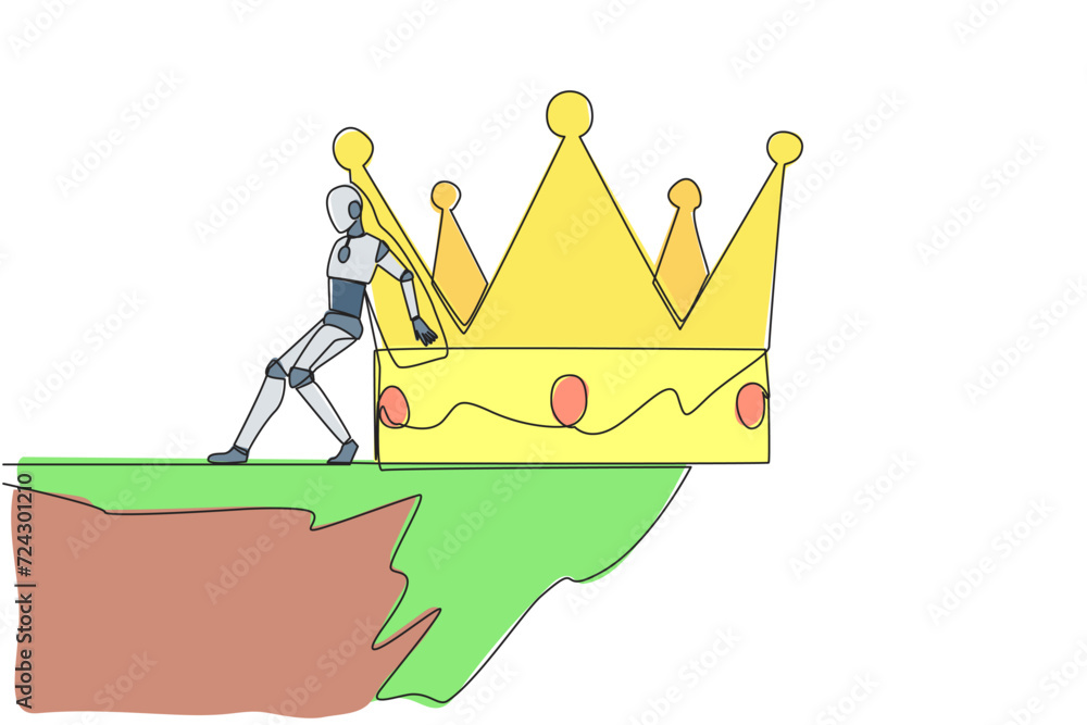Poster continuous one line drawing robot pushes a large crown down on its back from the edge of the cliff. 
