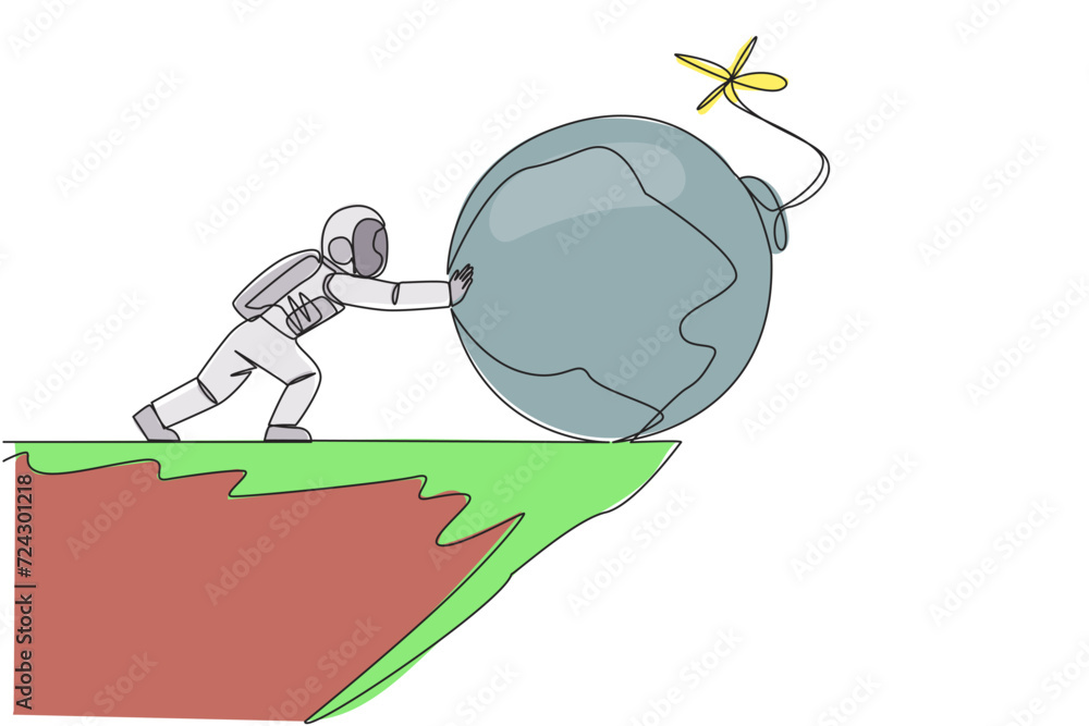 Poster single one line drawing astronaut push large bomb with a burning fuse over the edge of a cliff. elim