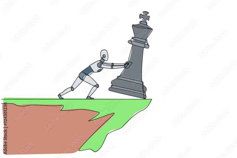 Poster single continuous line drawing robot pushes down a large chess piece of king from the edge of a clif