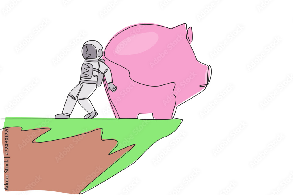 Poster single continuous line drawing astronaut pushed giant piggy bank down with his back from the edge of