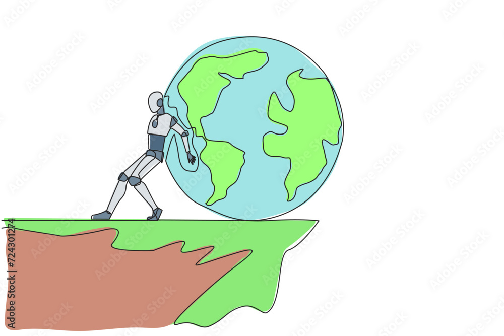 Poster single continuous line drawing robot pushes a large globe down on its back from the edge of cliff. r
