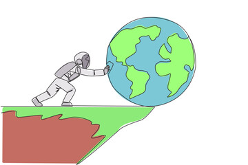 Continuous one line drawing astronaut pushes giant globe over the edge of cliff. Astronaut defeats earth's gravity. The concept of tough man in outer space. Single line draw design vector illustration