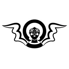 Head of medieval angel or cherub with wings and nimbus. Christian icon. Holy symbol. Black and white silhouette.