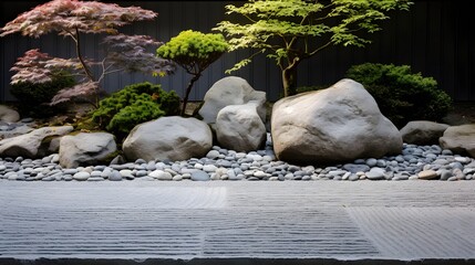 Naklejka na ściany i meble Japanese garden panorama with stone, pebbles and bonsai