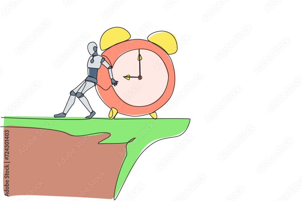 Poster single continuous line drawing robot pushes giant alarm clock down the edge of the cliff. robotic ar
